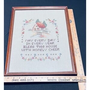 Needlepoint Bless This House‎ with Cheer Vintage Framed Art